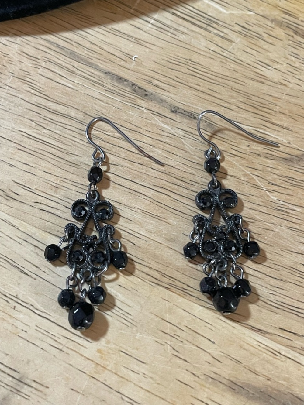 Black crystal silver tone dangle silver necklace earring set rhinestones 17.5 in - Picture 7 of 10